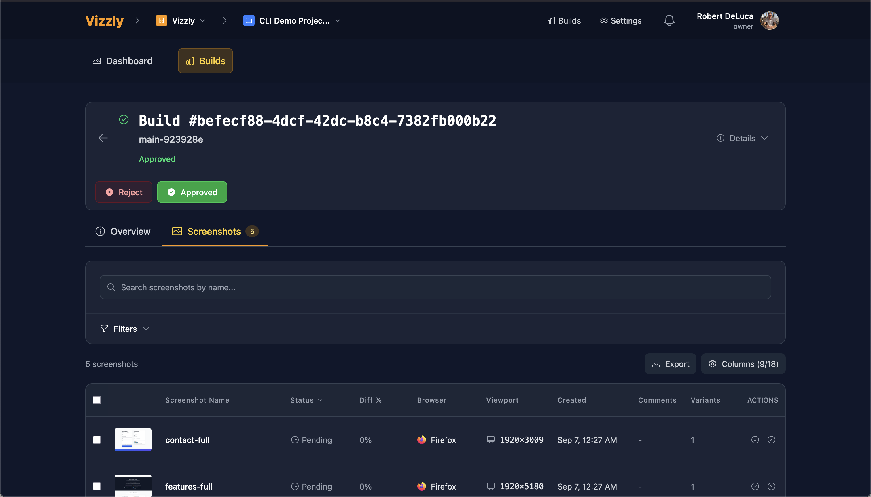 Vizzly build screenshot list